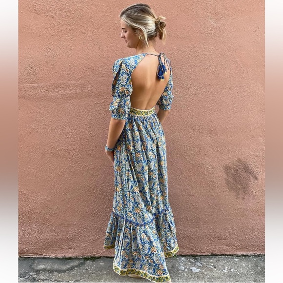 Madison Mathews Dresses & Skirts - Madison Mathews || Perrin Maxi Dress Open Bsck Block Print Floral Tassels Blue S